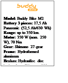 Textfeld:  

Model: Buddy Bike M2
Battery 3 pieces: 17,5 Ah Panasonic (52,5 Ah/630 Wh) 
Range: up to 350 km.
Motor: 350 W (nom. 250 W), 70 Nm
Gear: Shimano 27-gear
Frame: Hydroformed aluminum
Brakes: Hydraulisc disc brakes from Shimano, 180 mm
USB: USB-plug on the handlebar.
